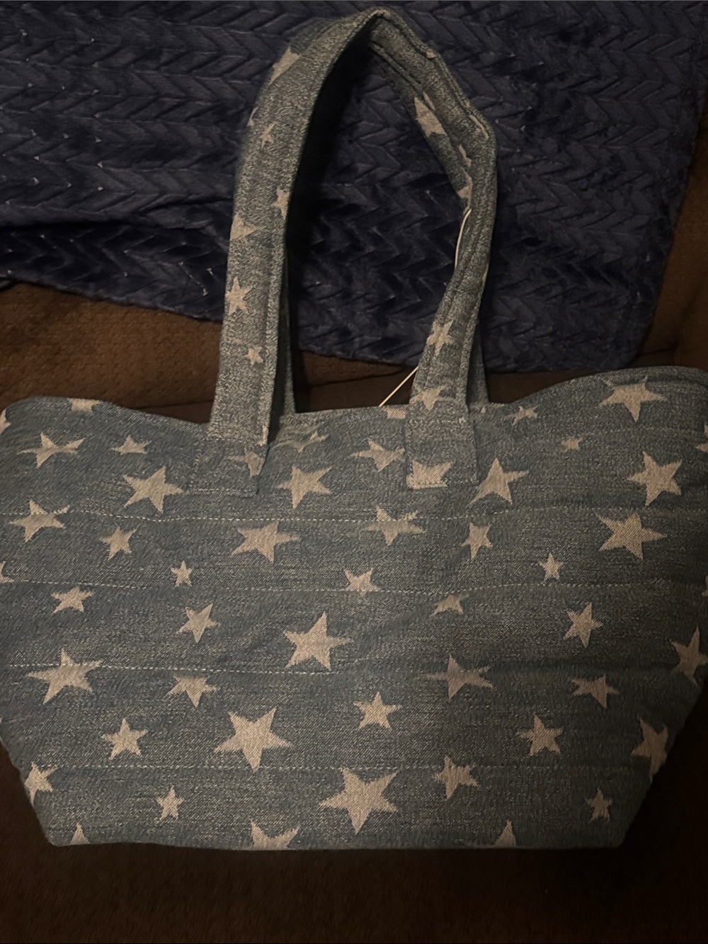 Wildfox Denim-Star Print Tote in Light Blue and White